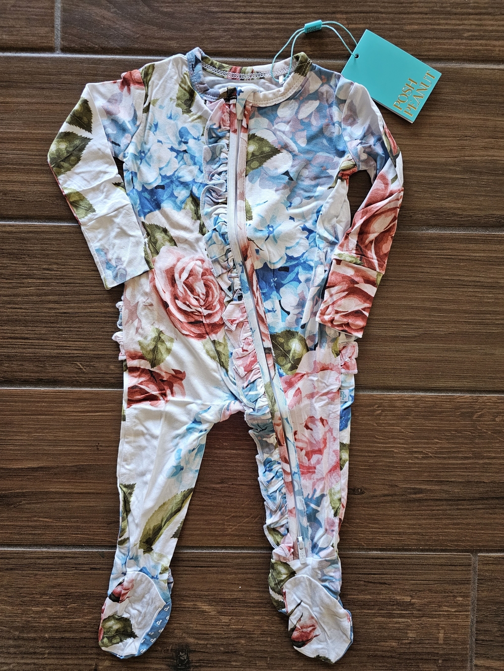 Posh Peanut Hydrangea Ruffled Double Zippered Footie 3-6 months NWT
